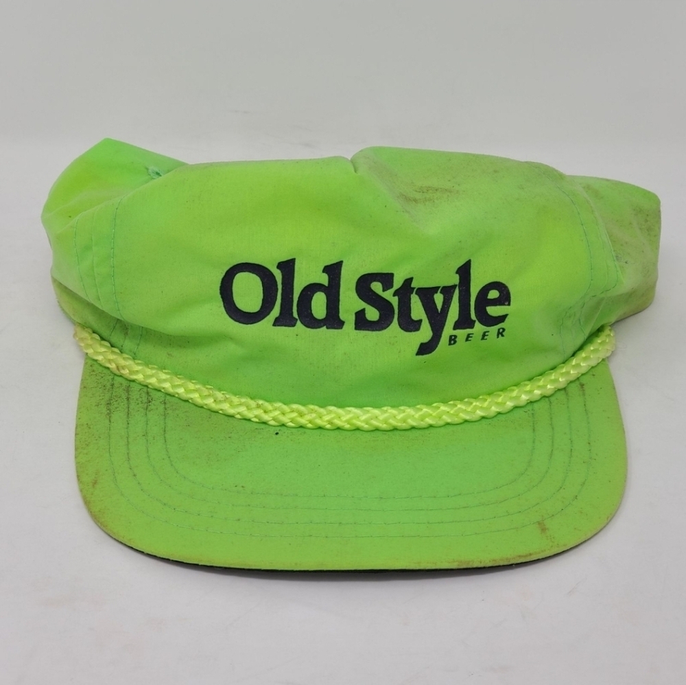 Vintage Old Style Beer Trucker Hat Leather StrapBack Rope Neon Green Cap 90s